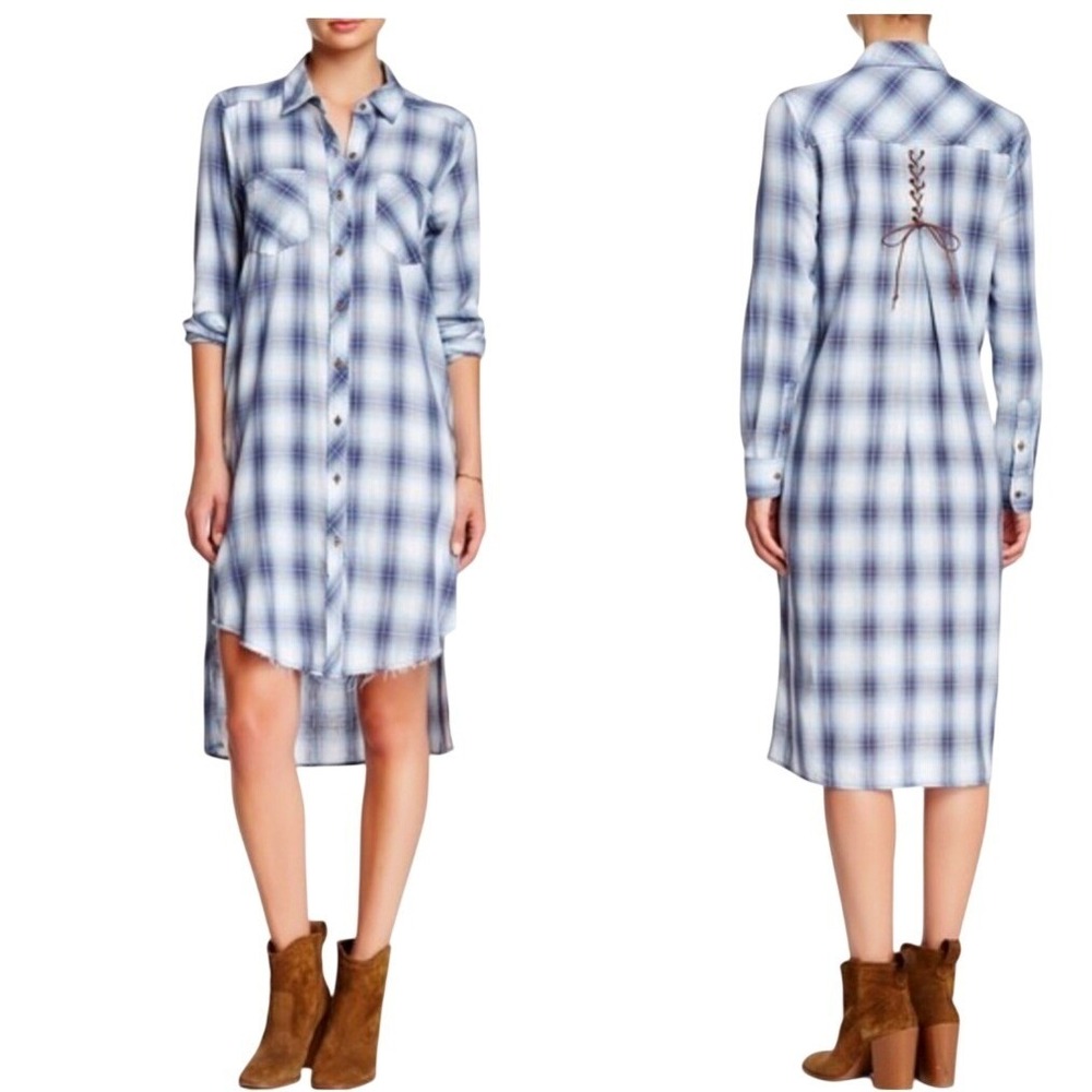 Democracy Plaid Flannel Dress Womens S Blue Distressed Hem Coastal Cowgirl Boho